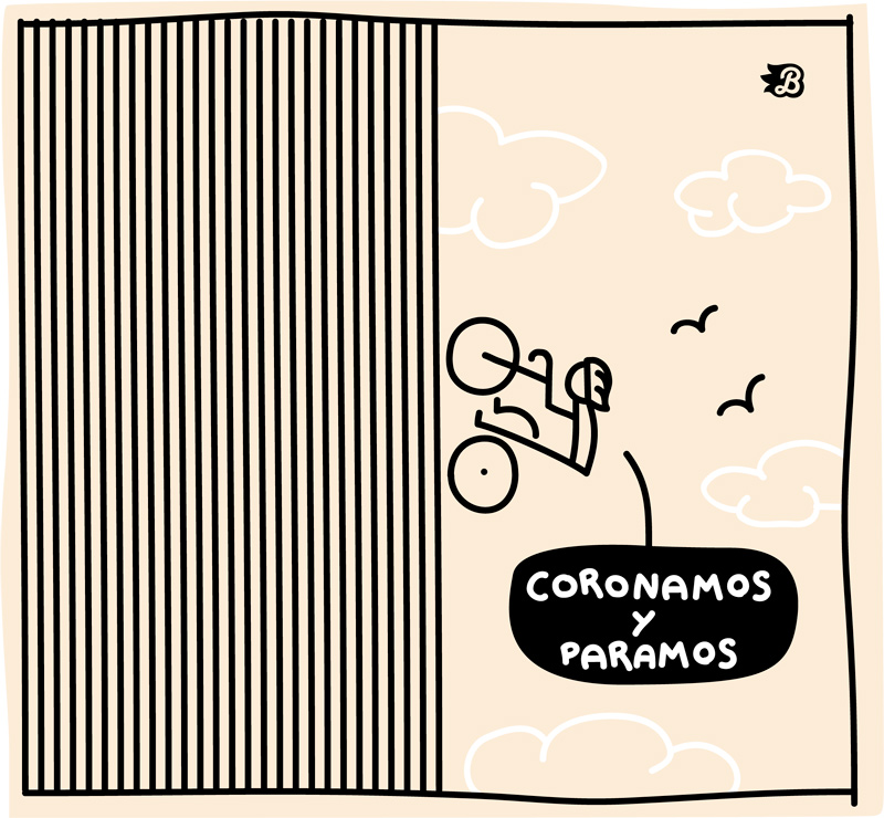 Viñeta humorística sobre la expresión ciclista Coronamos y paramos, con una subida totalmente vertical con nubes y pájaros.