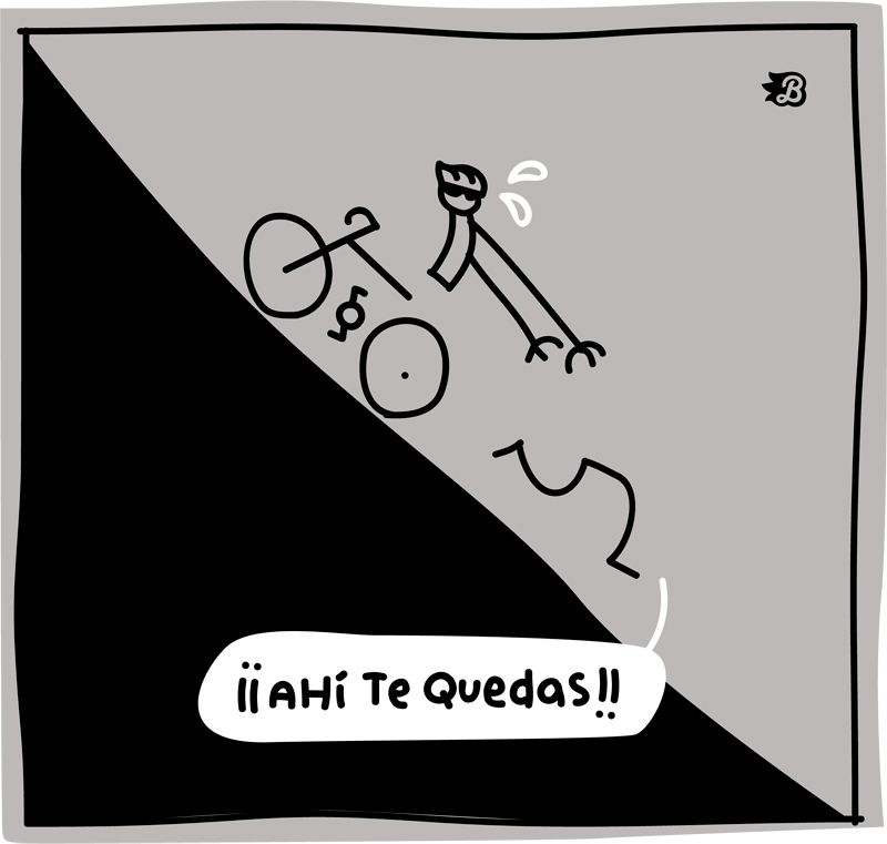 Viñeta humorística sobre la expresión ciclista Me he quedado sin piernas, con unas piernas alejándose cuesta abajo mientras el ciclista observa e intenta agarrarlas.