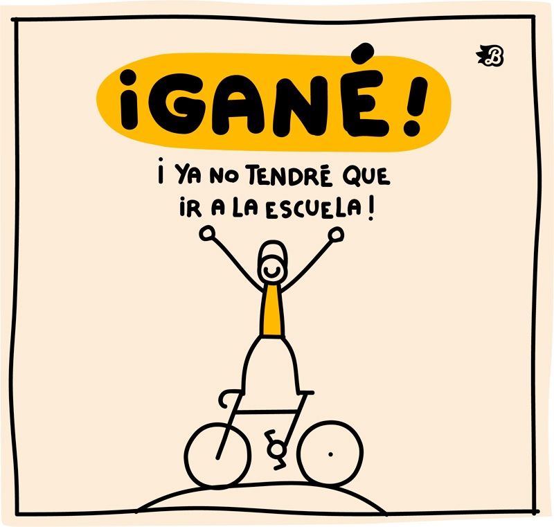 Ciclista celebrando una victoria sobre su bicicleta mientras grita «¡Gané! ¡Ya no tendré que ir a la escuela!».