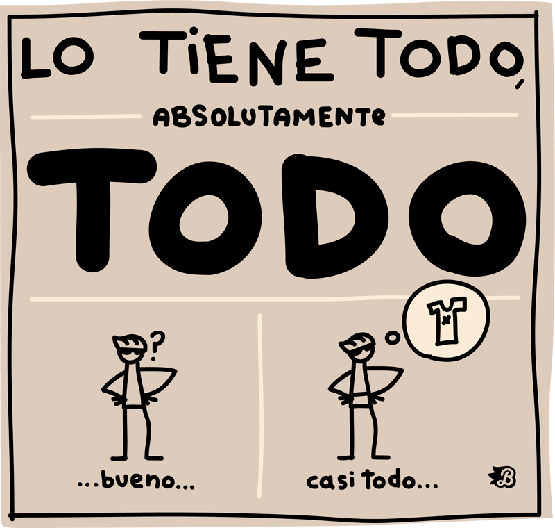 Viñeta de un ciclista con el texto Lo tiene absolutamente todo. Bueno, casi todo. Piensa en una camiseta.