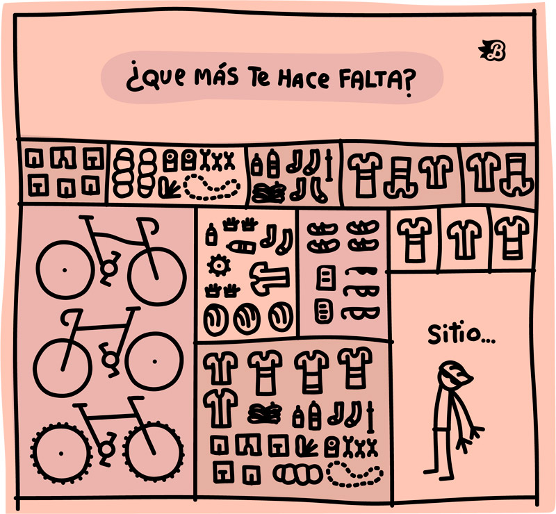 Viñeta de un armario lleno de bicicletas, ropa y accesorios ciclistas con el texto ¿Qué más te hace falta? Sitio