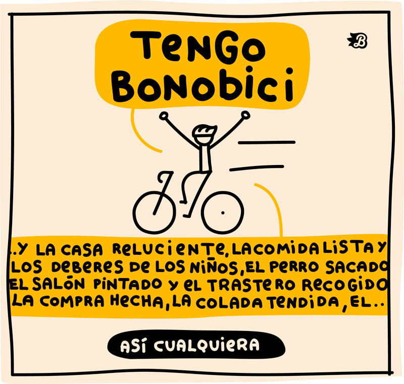 Viñeta de humor sobre el bonobici y la negociación familiar para salir en bicicleta